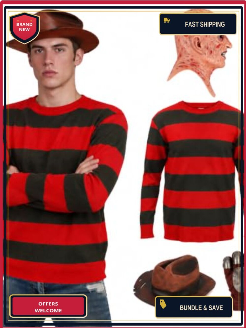 Men Halloween Cosplay Costume Set Latex Mask Claw Glove Hat Striped Sweater